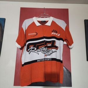 Boohoo Orange and White Racing Team Casual Button Down Shirt